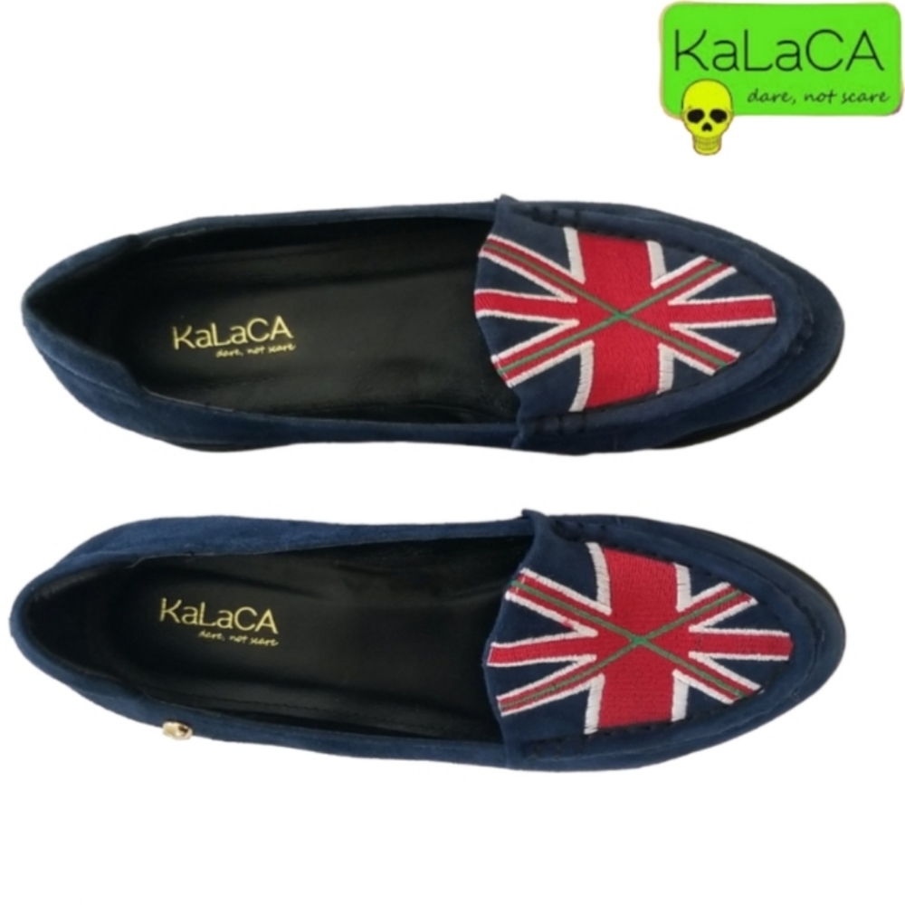 KaLaCA UK Union Jack Flag Skull Moccasin Dare Platform Loafer Shoe Blue Red 38